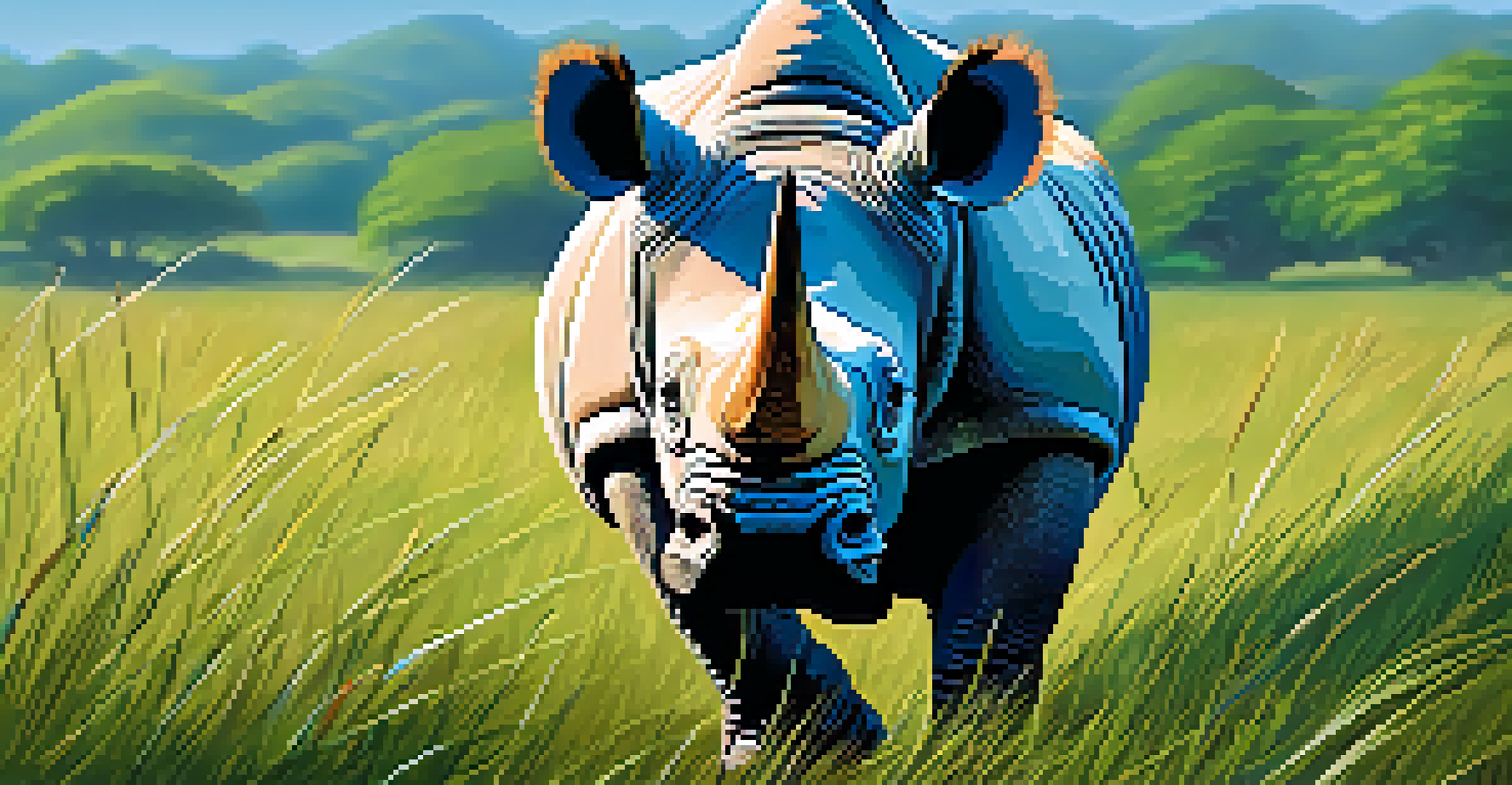 A close-up of an Indian rhinoceros in Kaziranga National Park, surrounded by green grass and a blue sky.