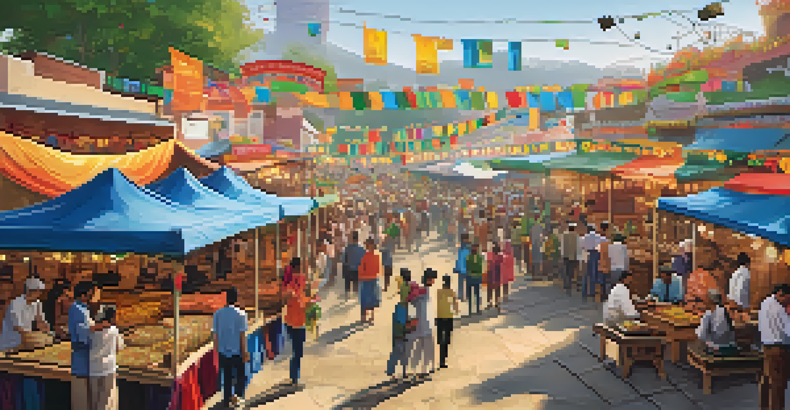 A lively festival at a local market with diverse food stalls, people dancing, and enjoying live music, surrounded by colorful decorations.