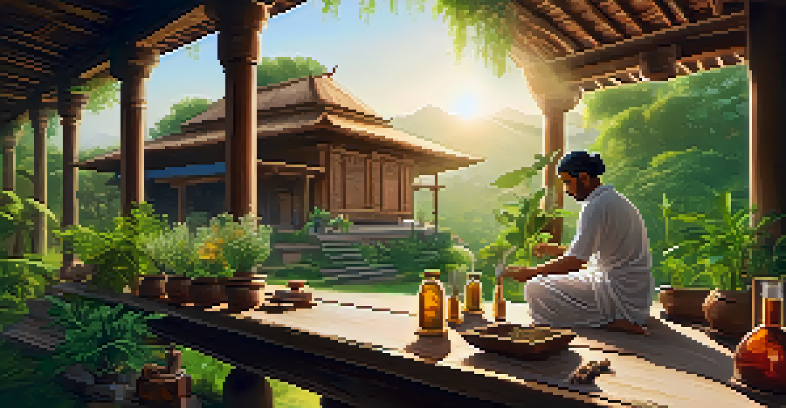An Ayurvedic wellness center with a wooden building and herbal remedies being prepared outdoors in a lush green setting.