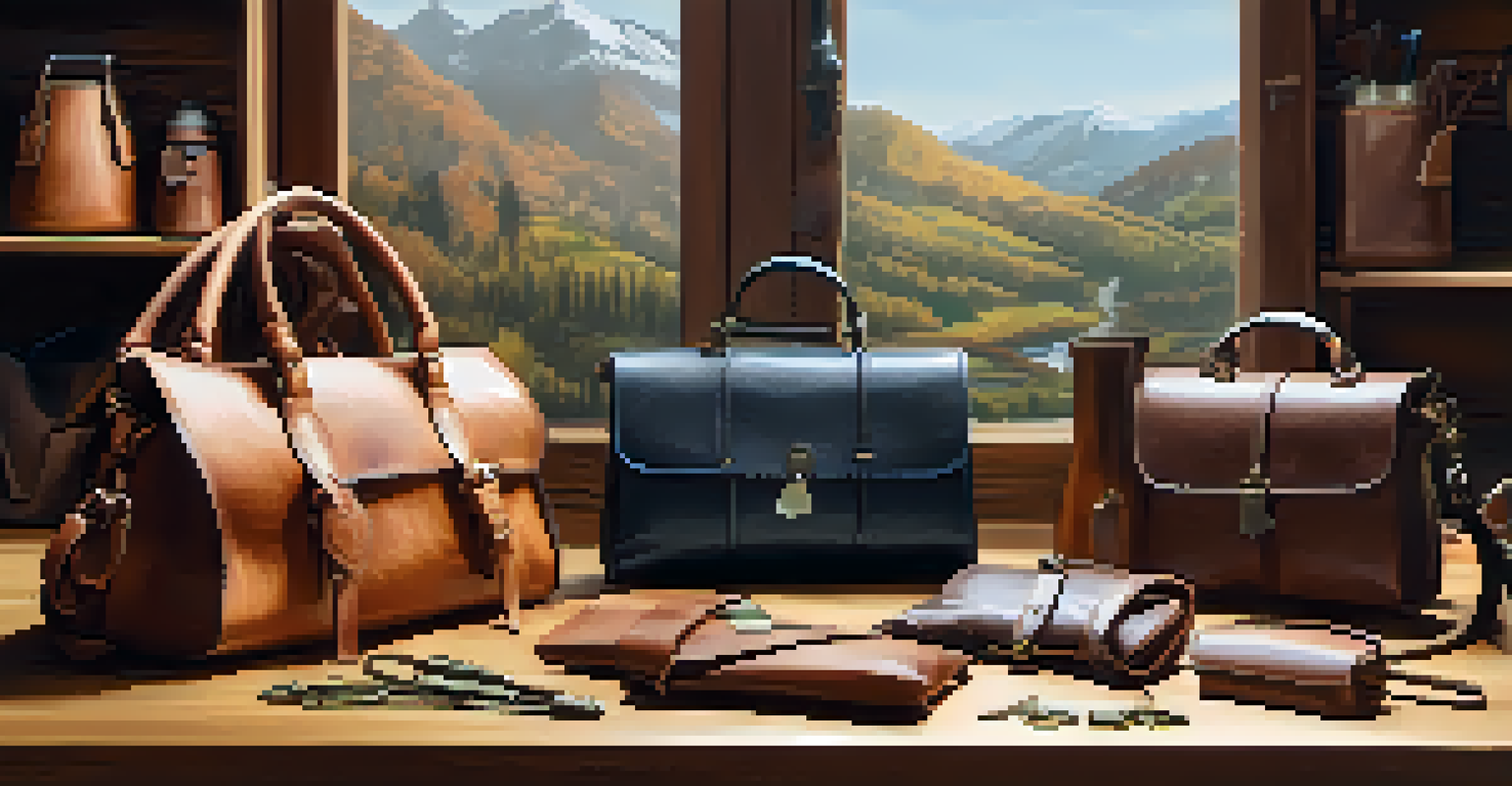 A collection of beautifully crafted leather items displayed on a wooden table in a workshop setting.