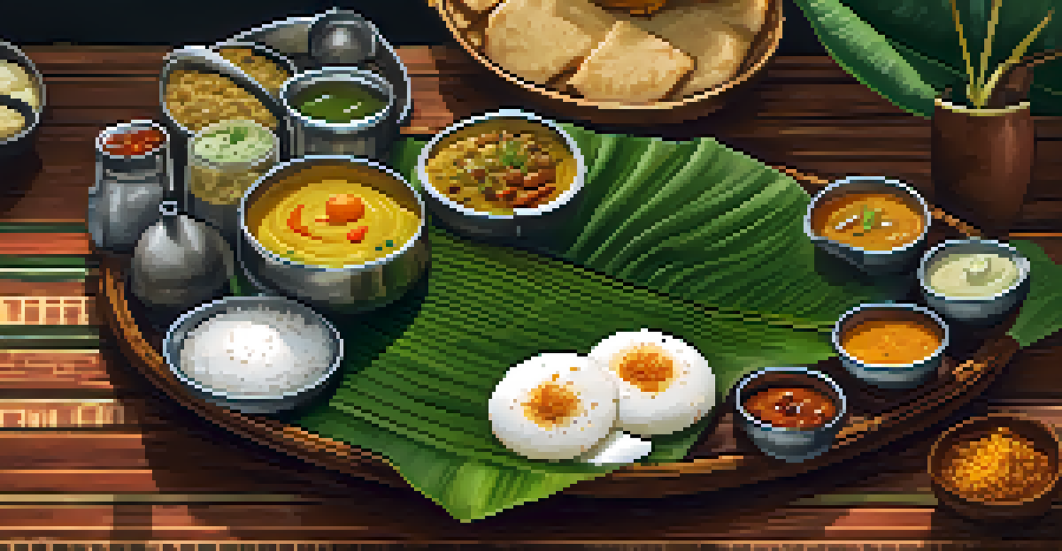 A traditional South Indian breakfast on a banana leaf, featuring dosa, idli, sambar, and chutneys in a rustic eatery.