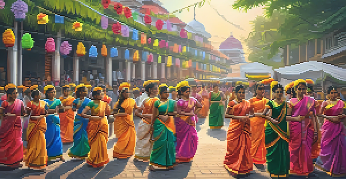A lively street filled with people celebrating the Onam festival in Thiruvananthapuram, adorned with colorful flowers and traditional clothing.