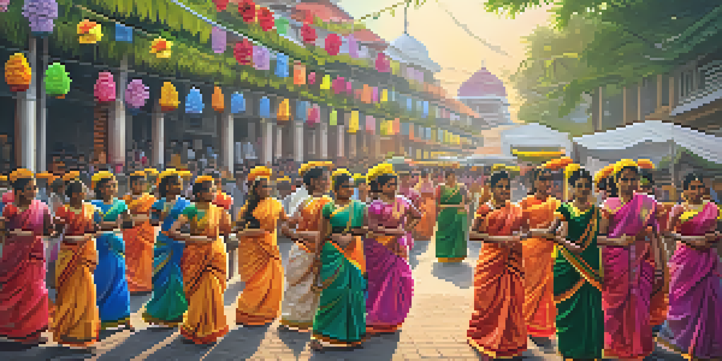 A lively street filled with people celebrating the Onam festival in Thiruvananthapuram, adorned with colorful flowers and traditional clothing.