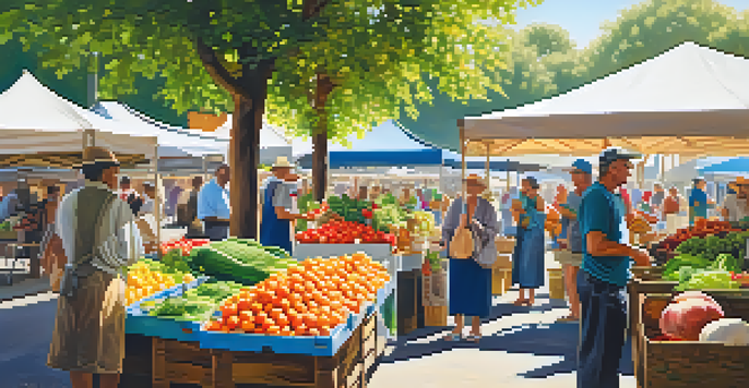 A bustling farmers' market filled with colorful fruits and vegetables, with vendors and customers interacting under bright sunlight.