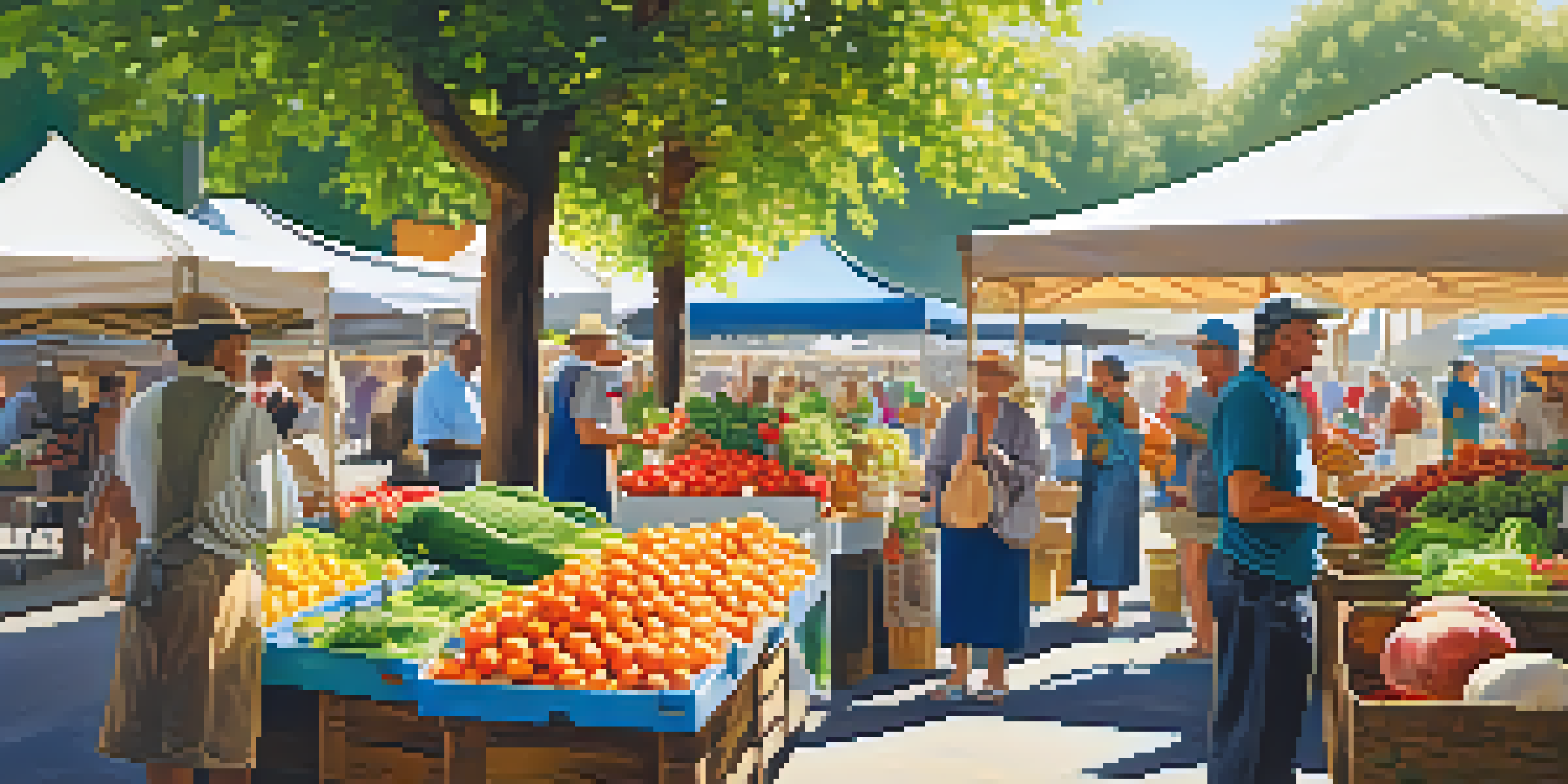 A bustling farmers' market filled with colorful fruits and vegetables, with vendors and customers interacting under bright sunlight.