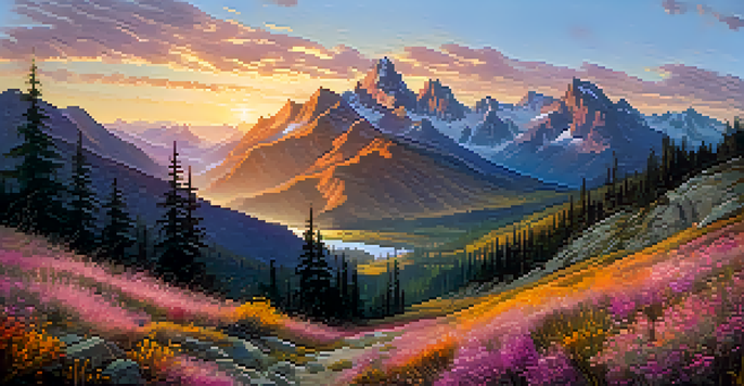 A scenic view of rugged mountains illuminated by sunrise, with colorful wildflowers in the foreground.