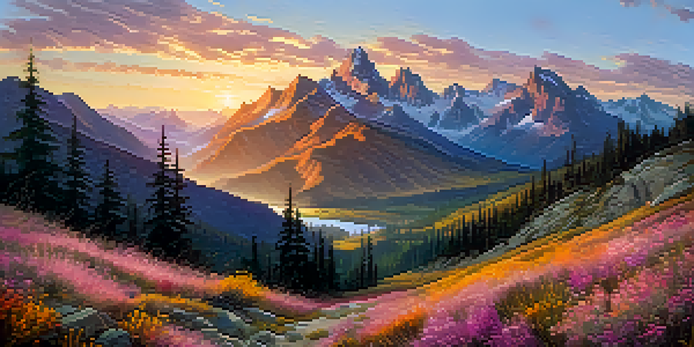 A scenic view of rugged mountains illuminated by sunrise, with colorful wildflowers in the foreground.