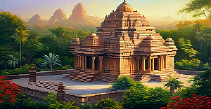 An ancient Indian temple surrounded by greenery, illuminated by the sunset.