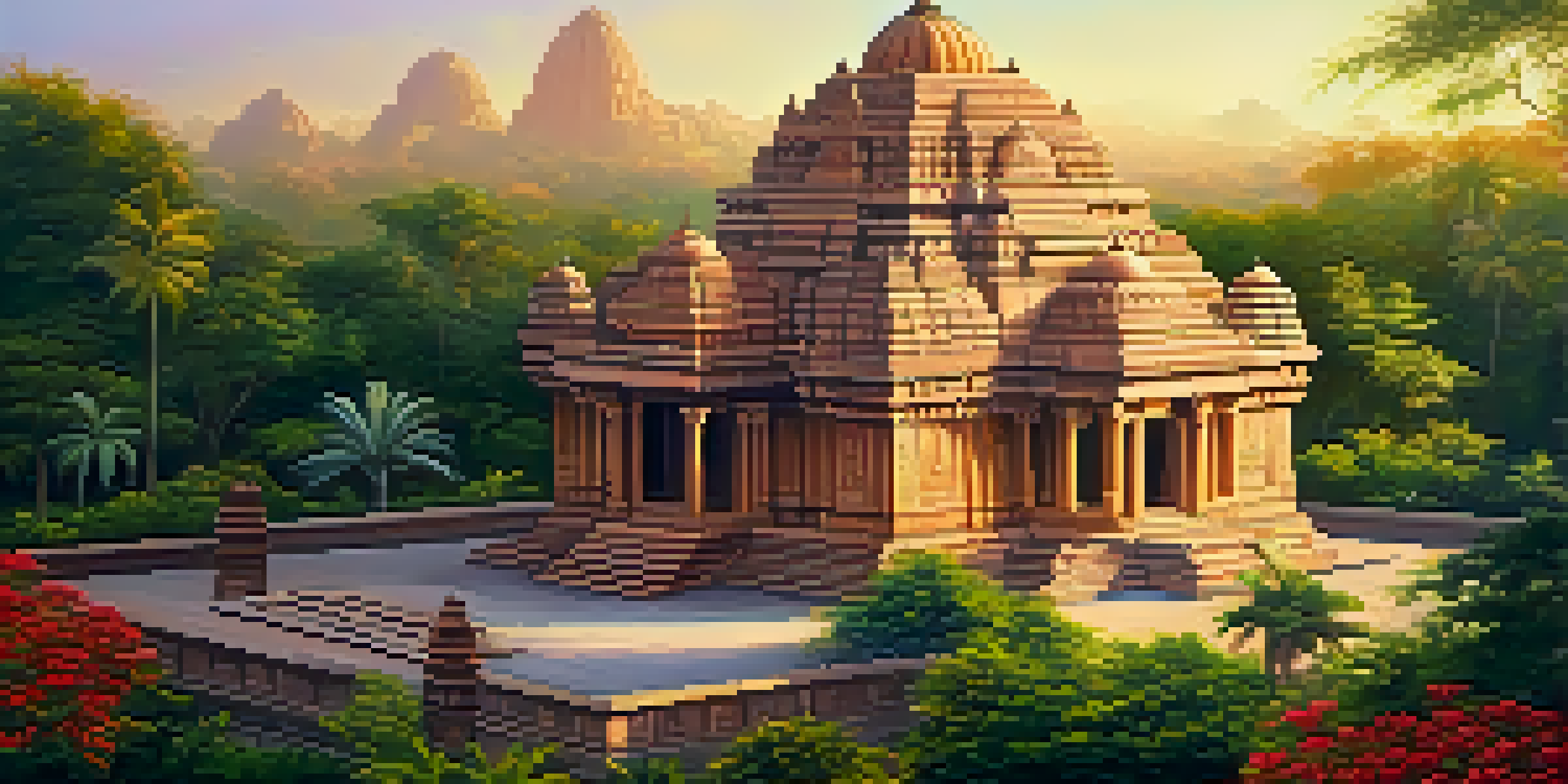 An ancient Indian temple surrounded by greenery, illuminated by the sunset.