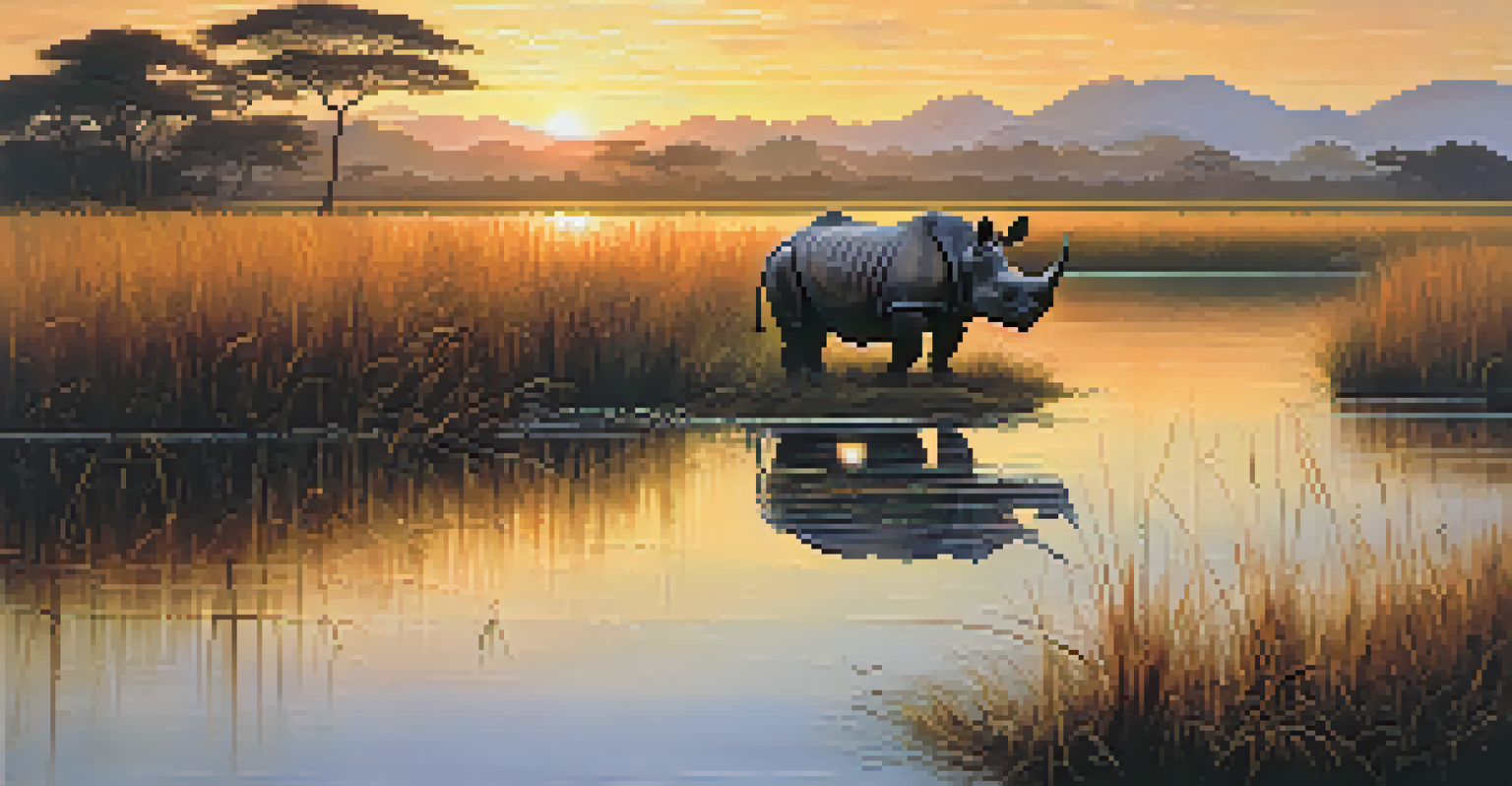 A one-horned rhinoceros against a vibrant sunset in a wetland.