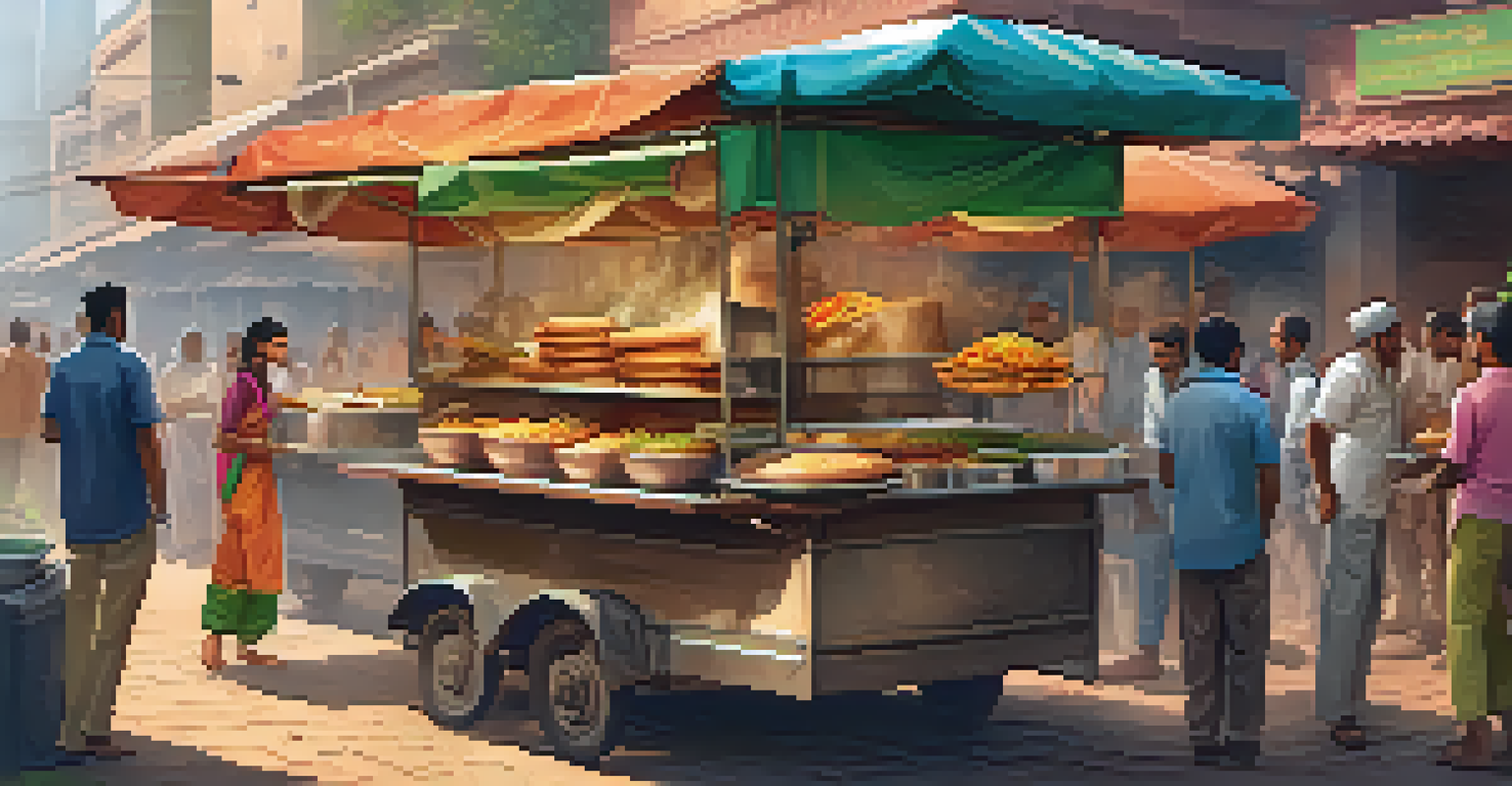 A street food cart in India displaying pav bhaji and dosa, with people enjoying their meals together.