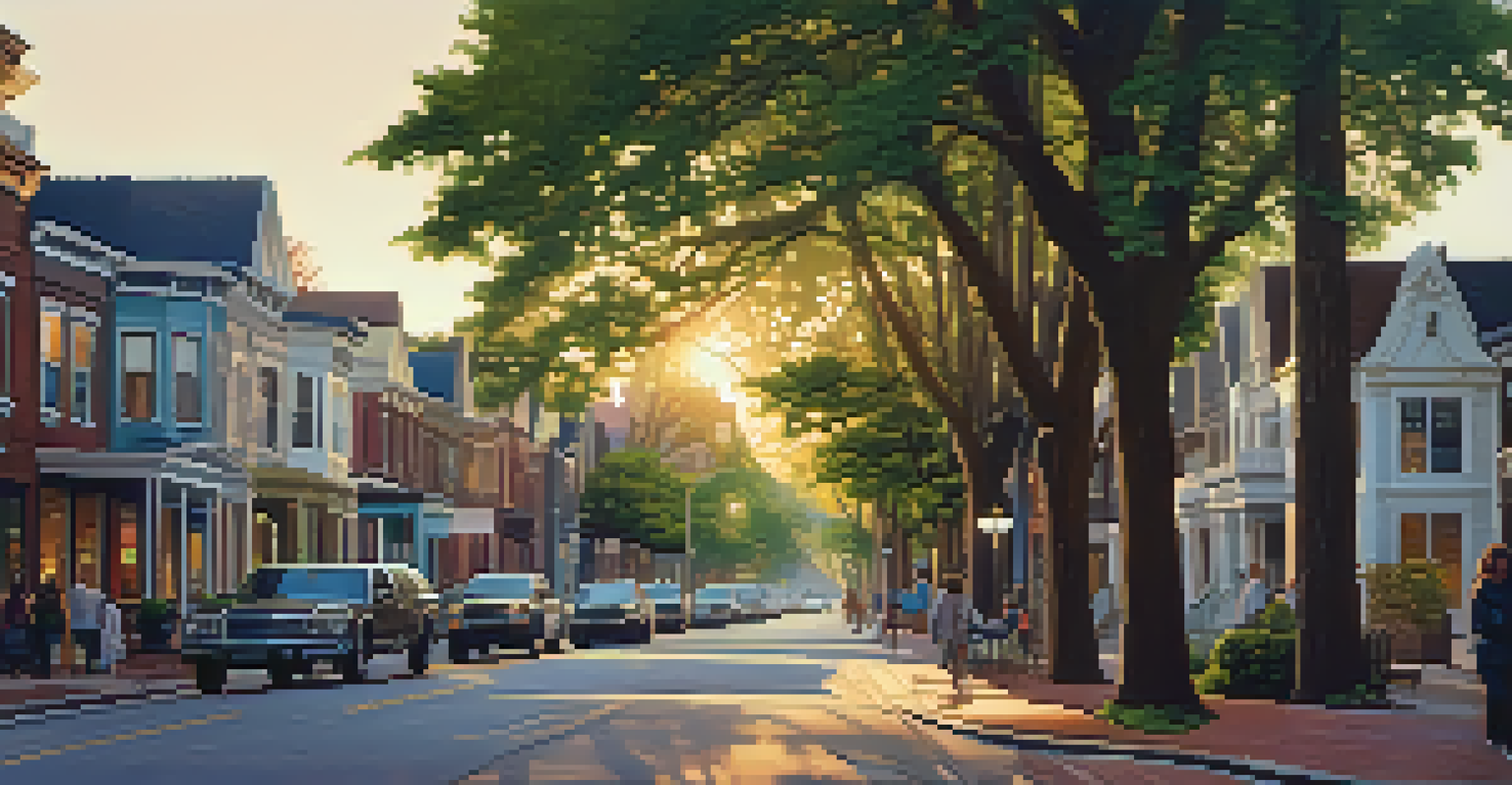 A historic street with diverse heritage properties during golden hour, featuring people socializing under leafy trees.