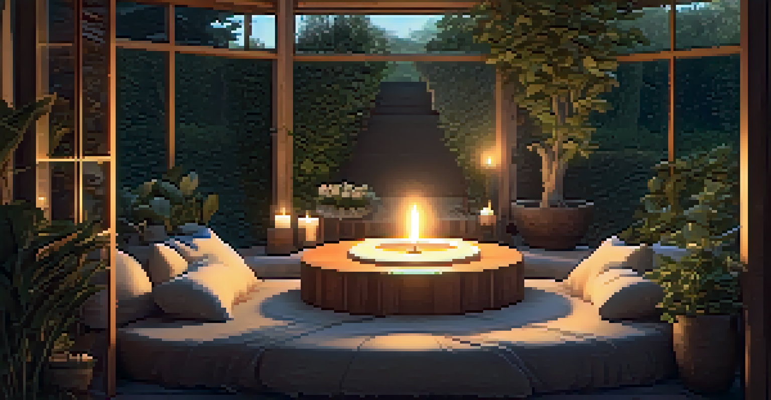 A tranquil meditation space outdoors with cushions and candles, surrounded by greenery and sunlight.