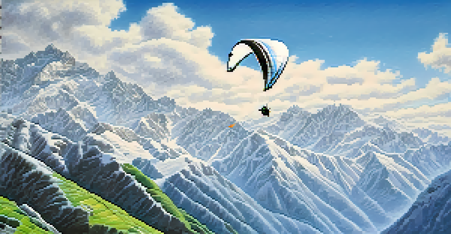 A paraglider flying over the snow-covered mountains of Auli, with green meadows visible below and a clear blue sky overhead.