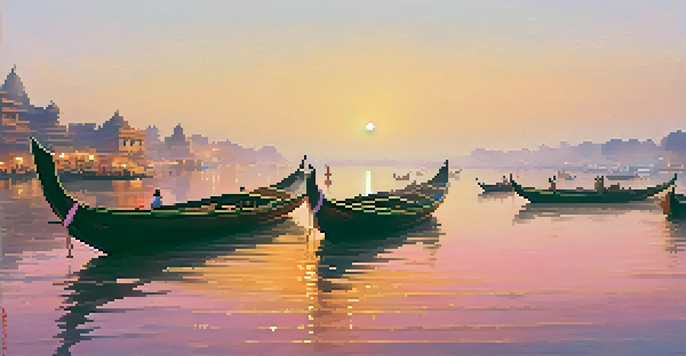 A tranquil sunrise over the Ganges River in Varanasi, with boats on the water and ancient temples in the background.