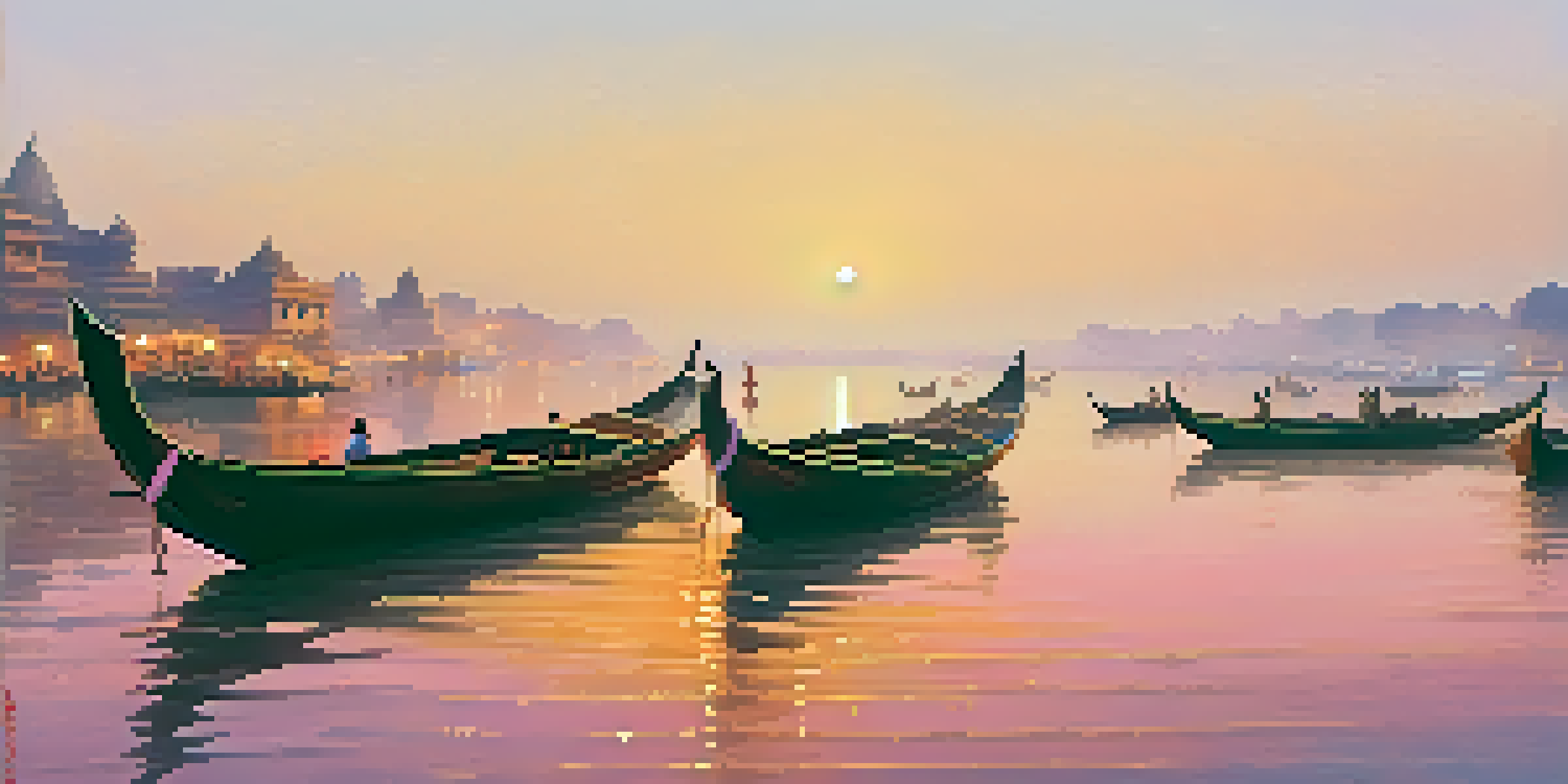 A tranquil sunrise over the Ganges River in Varanasi, with boats on the water and ancient temples in the background.