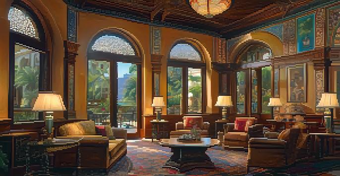 An ornate interior of a heritage hotel featuring arches and frescoes, with warm lighting and traditional furniture.