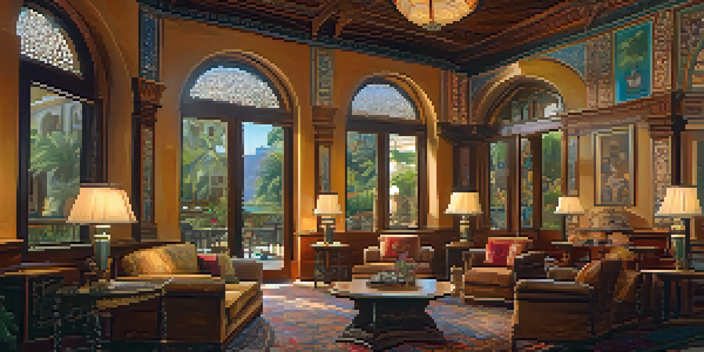 An ornate interior of a heritage hotel featuring arches and frescoes, with warm lighting and traditional furniture.