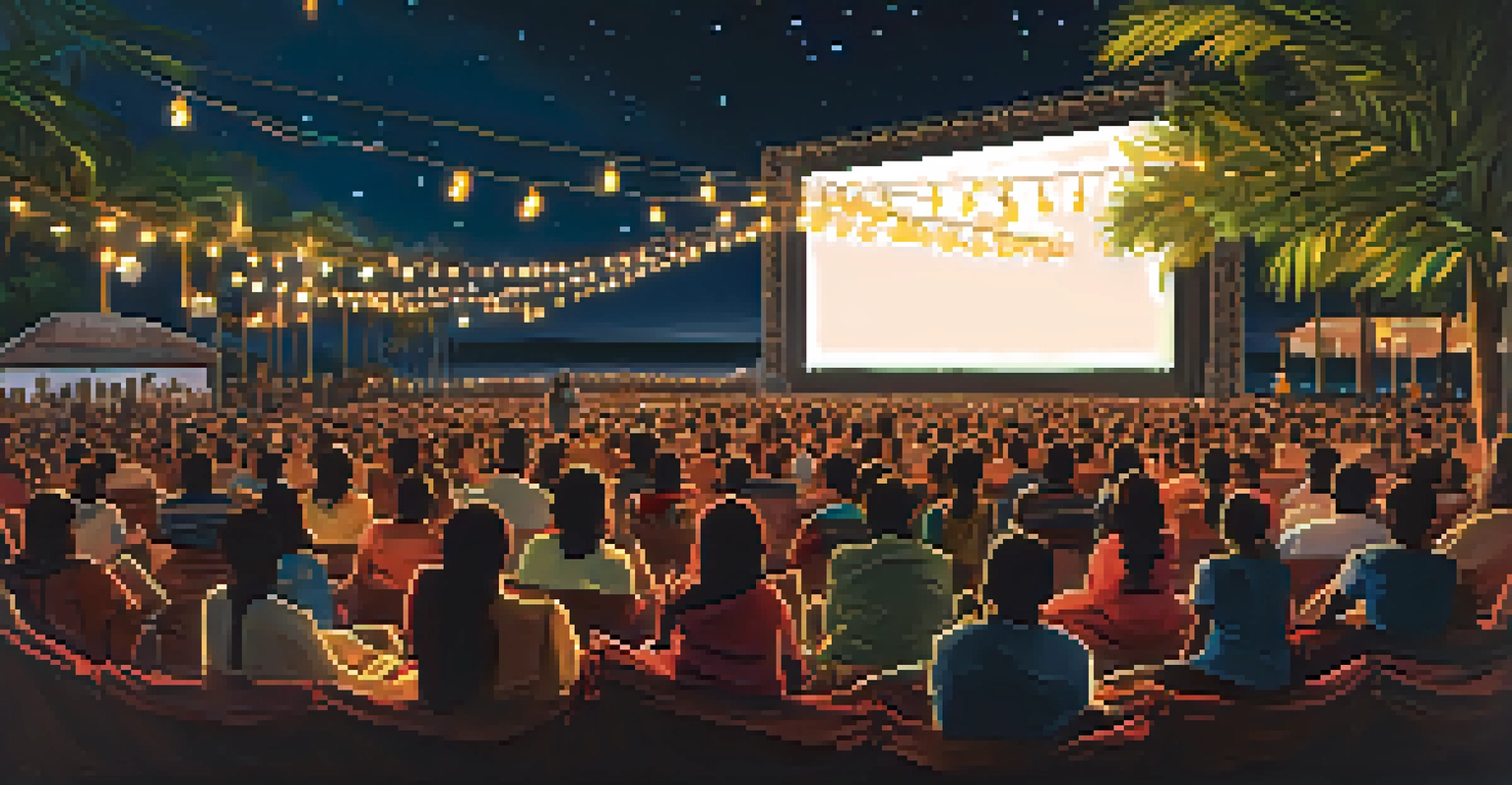 An outdoor Tamil film screening at the Chennai International Film Festival under a starlit sky, with an engaged audience and string lights illuminating the venue.