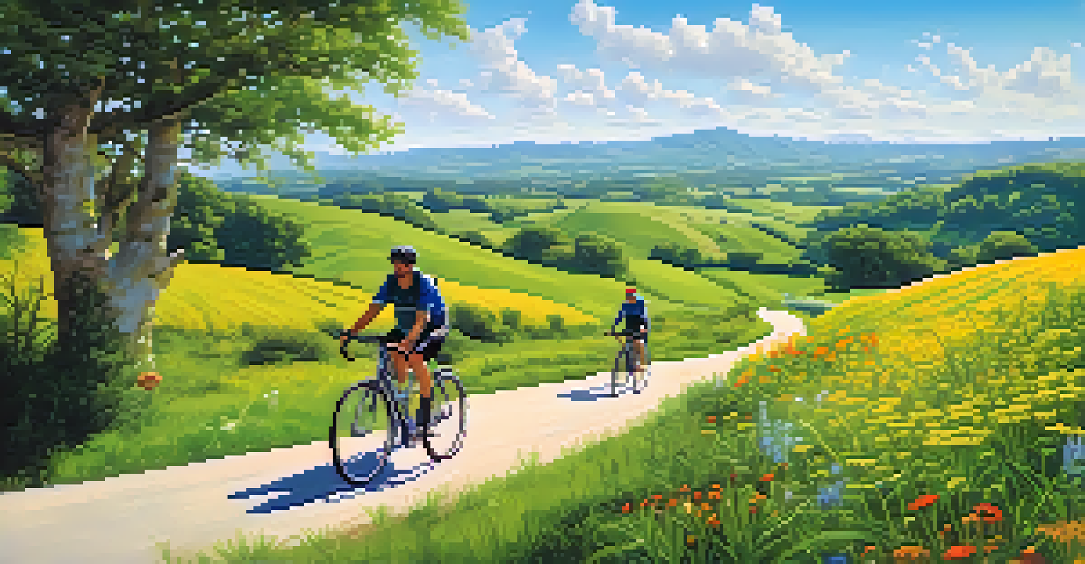 Travelers on bicycles riding through lush green countryside with hills and wildflowers under a clear blue sky.