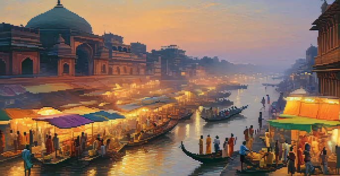 A lively street in Varanasi during sunset, filled with market stalls and people enjoying street food, with the Ganges River in the background.