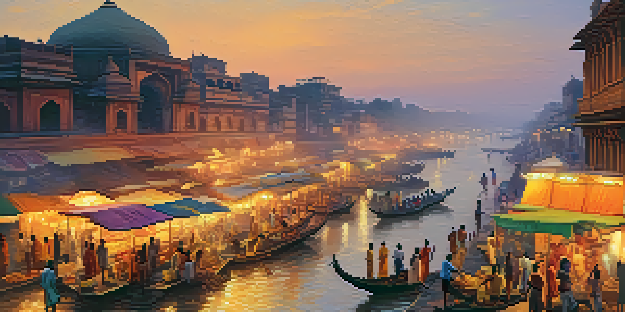 A lively street in Varanasi during sunset, filled with market stalls and people enjoying street food, with the Ganges River in the background.