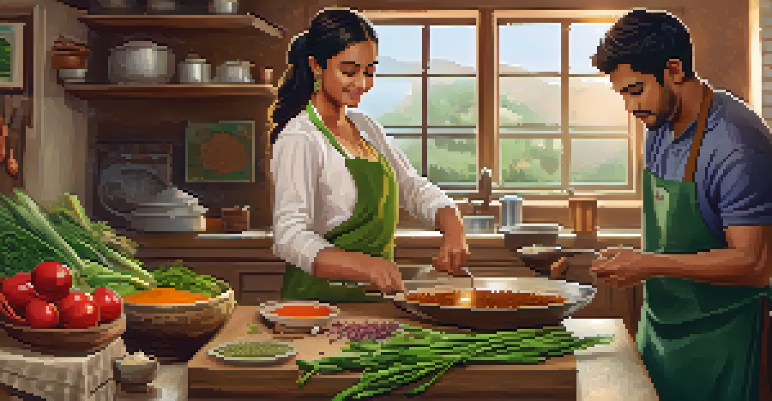 A learner in a Hindi cooking class, chopping vegetables with a local chef in a warm kitchen setting.
