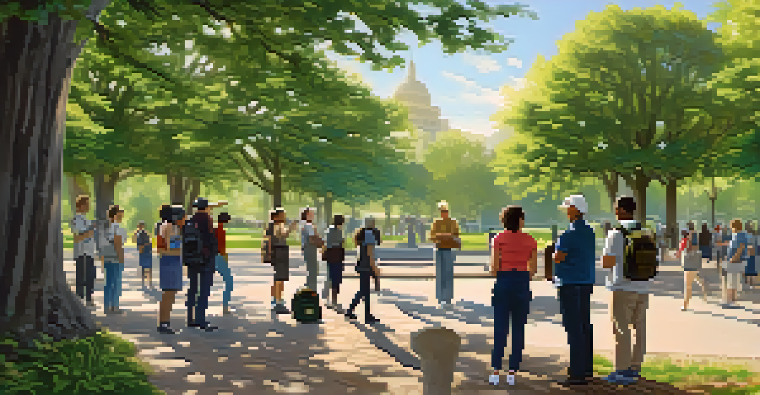 Individuals in a park engaged in a heritage walk, examining a historical sign and taking notes.