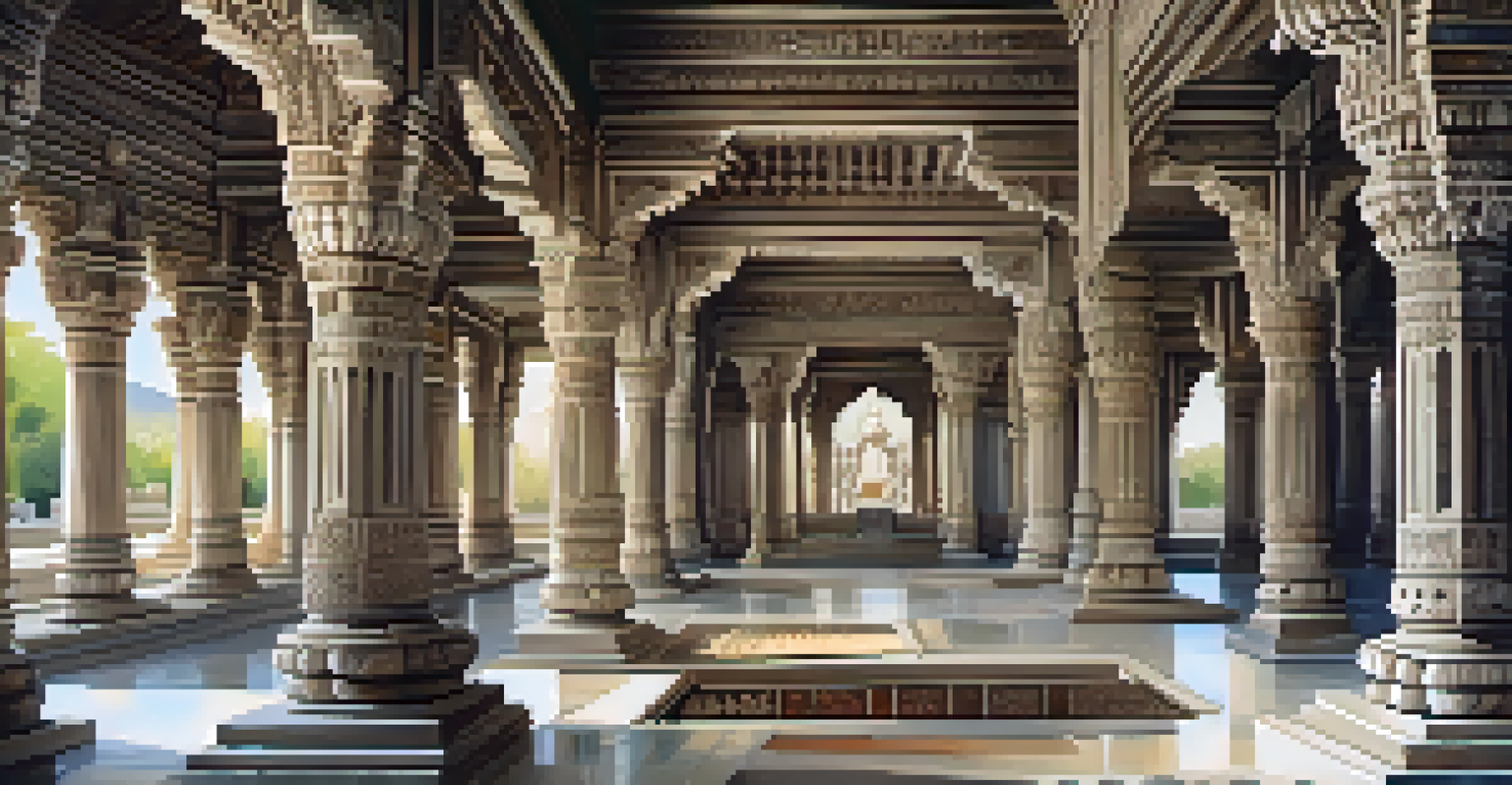 Interior view of the Ranakpur Jain Temple featuring intricately carved pillars and soft light illuminating the marble architecture.