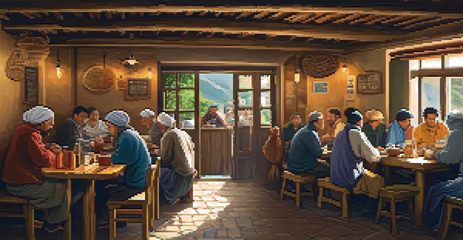 A warm eatery filled with pilgrims enjoying meals and sharing stories with locals, creating a vibrant atmosphere.