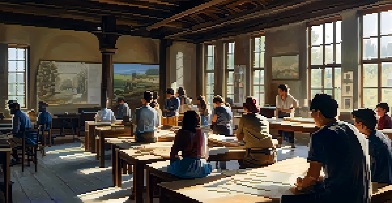 A workshop on preservation techniques with community members listening to an instructor, surrounded by tools and historical artifacts, illuminated by sunlight.