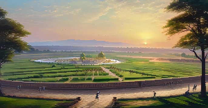 A panoramic view of the historic Battle of Panipat site during sunset, featuring memorials and green fields.