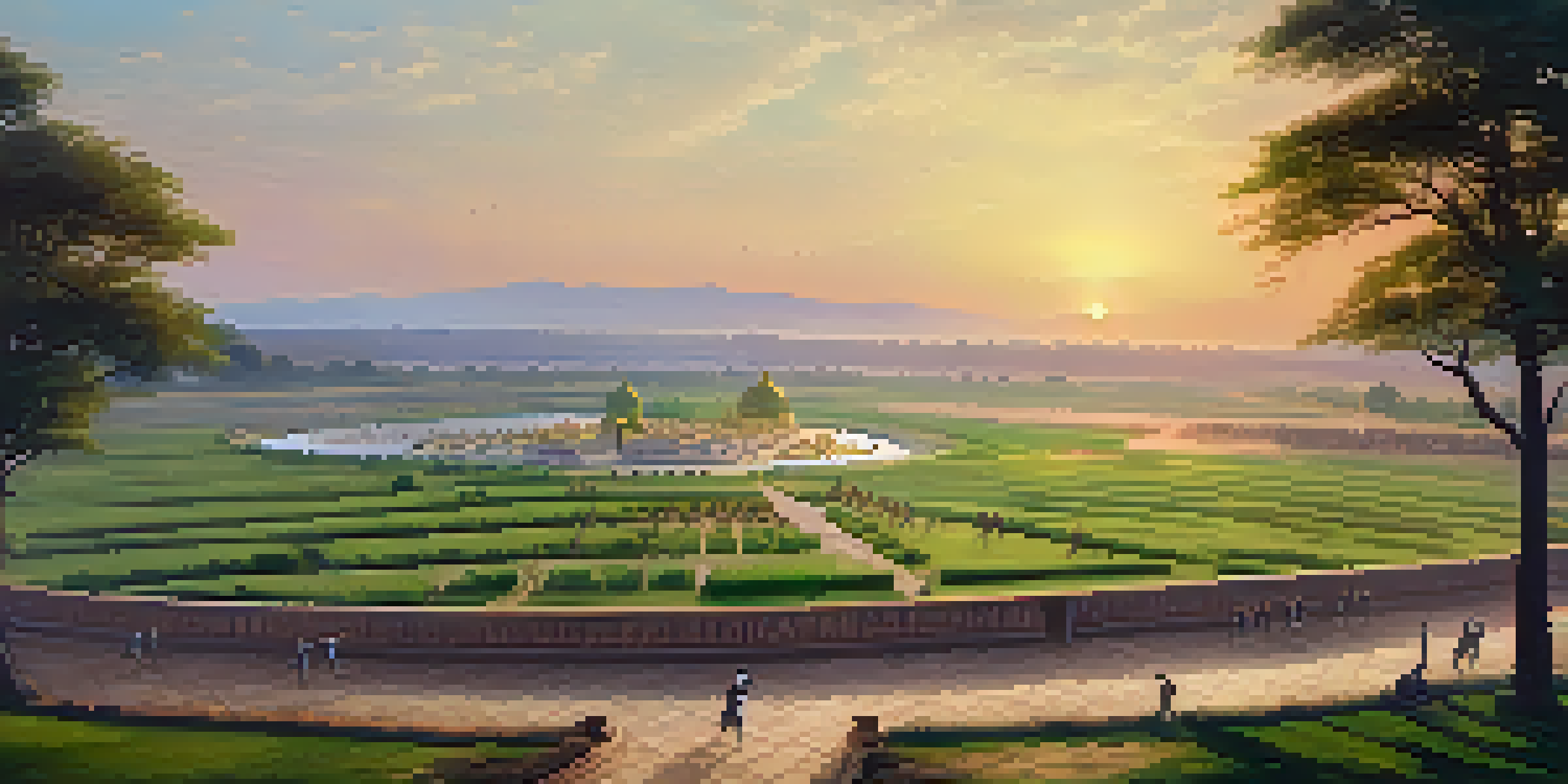 A panoramic view of the historic Battle of Panipat site during sunset, featuring memorials and green fields.