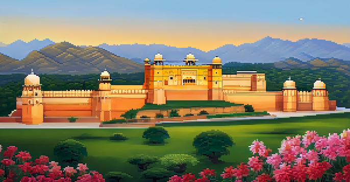 A panoramic view of Amber Fort in Jaipur during sunset, showcasing its architectural beauty and surrounding greenery.