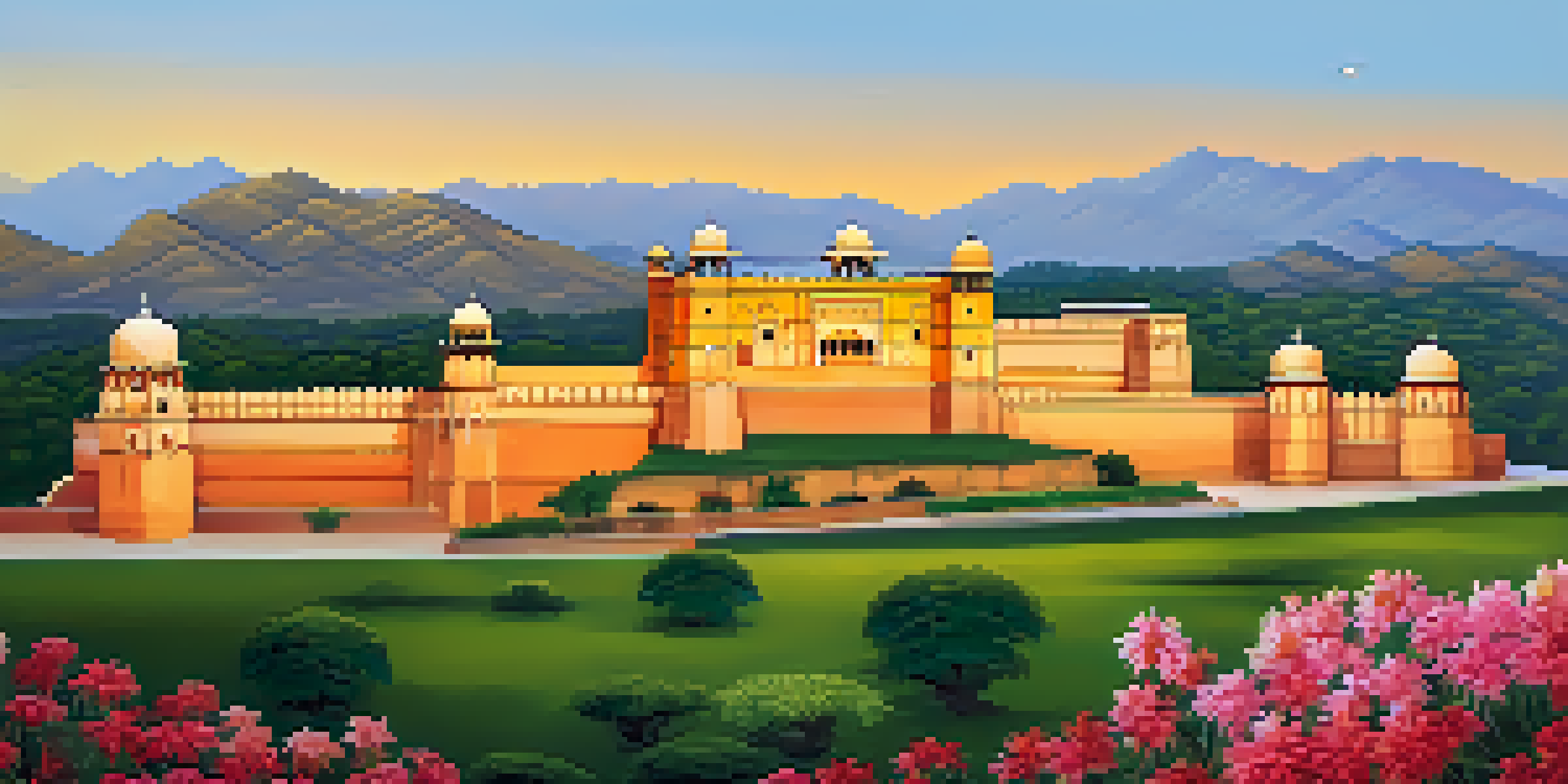 A panoramic view of Amber Fort in Jaipur during sunset, showcasing its architectural beauty and surrounding greenery.