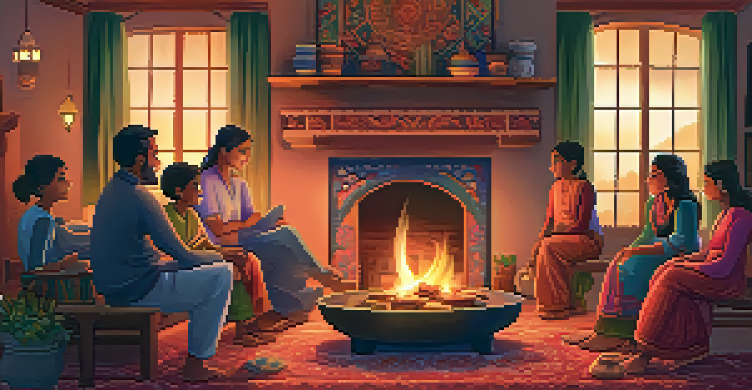 A family sitting around a fireplace at dusk, sharing stories, with warm light illuminating their faces and traditional decor in the background.