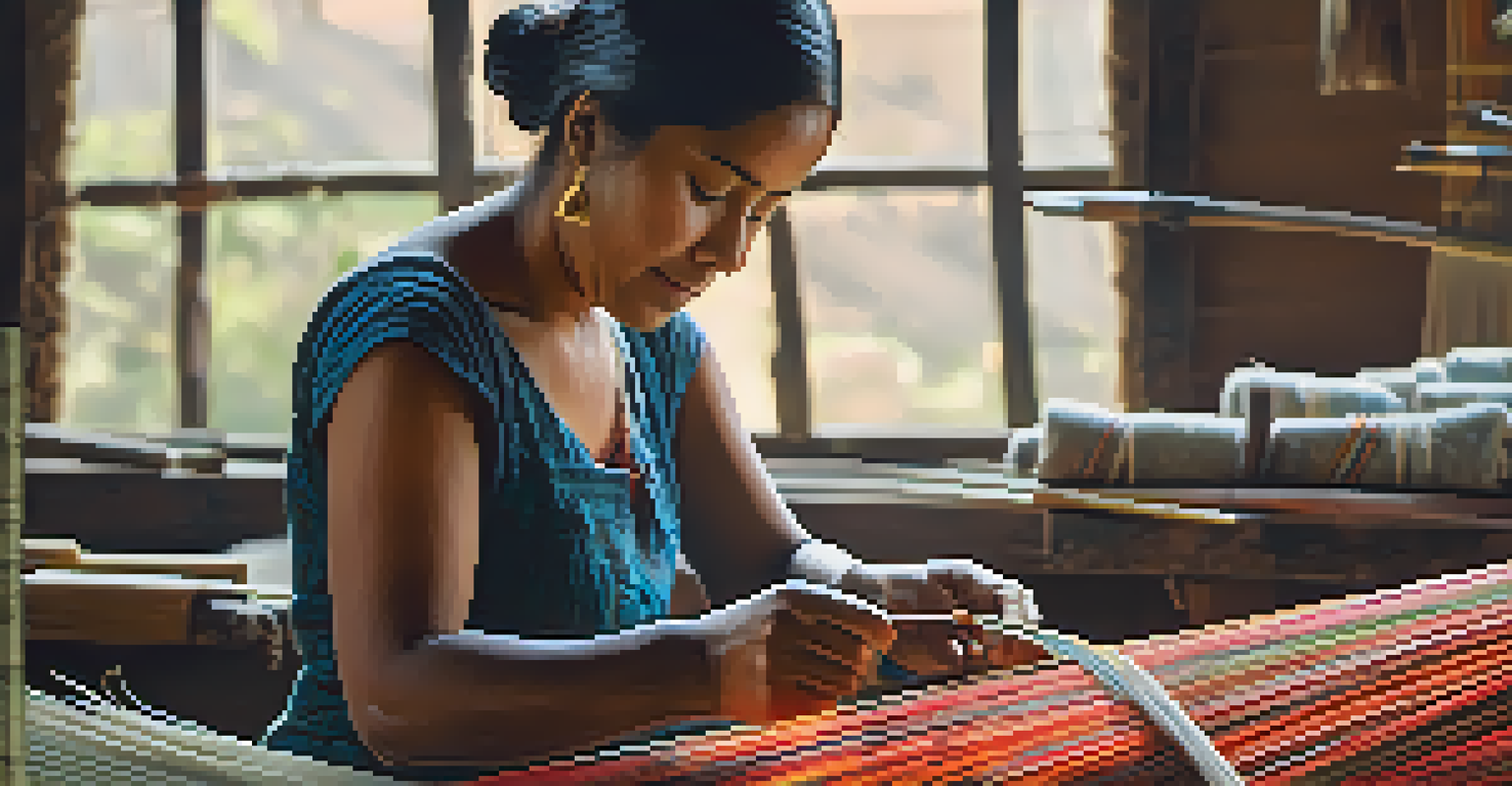 An artisan weaving traditional textiles in a workshop, surrounded by tools and materials, with soft natural light illuminating the scene.