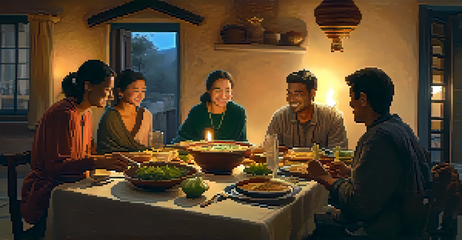 A family sharing a meal with travelers in a cozy kitchen, surrounded by traditional dishes and a warm candlelit ambiance.