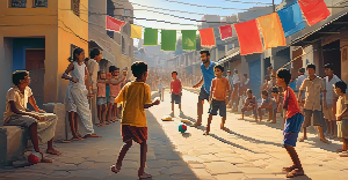 A lively game of gully cricket in a narrow lane, with players in action and a cheering crowd, illuminated by the warm glow of a setting sun.