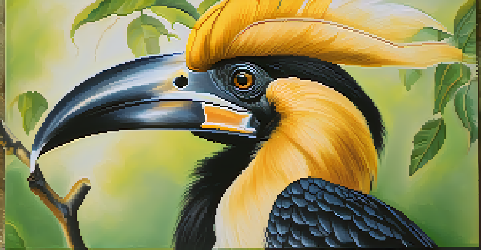 A close-up of a Great Indian Hornbill on a branch with a blurred green forest background.