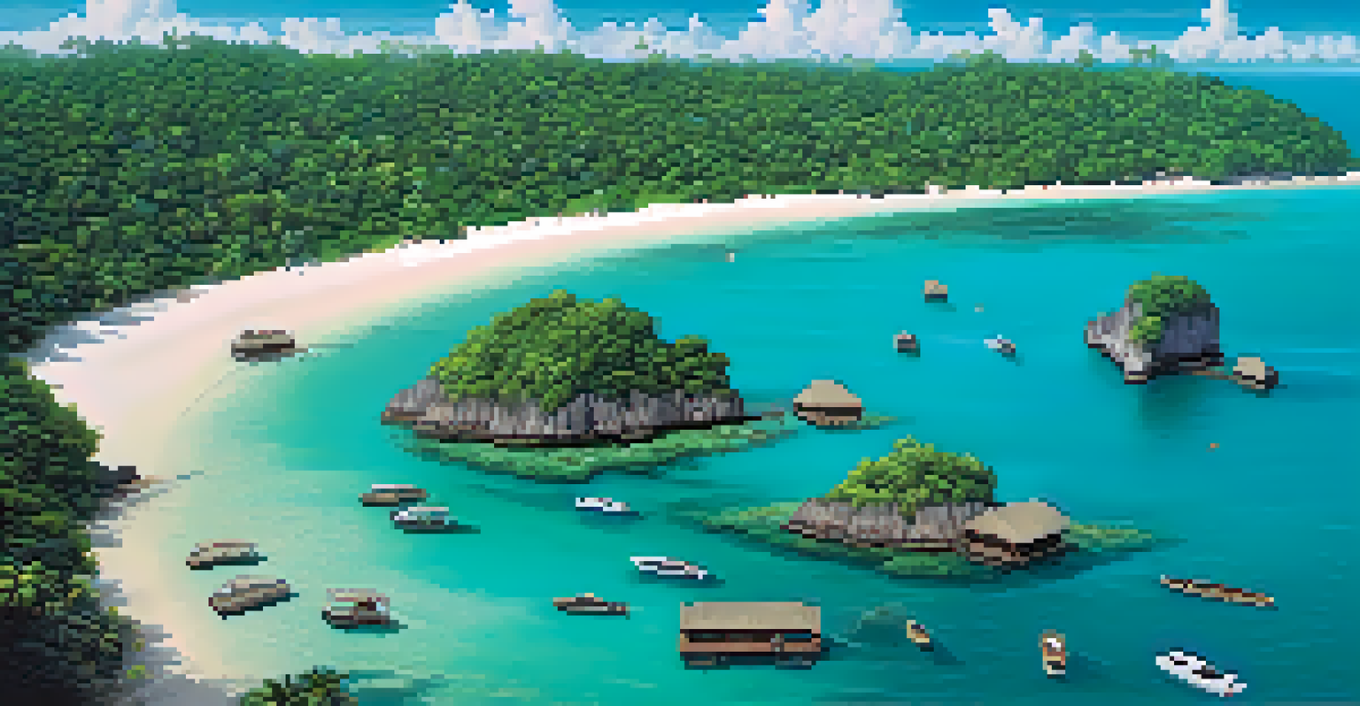 An aerial view of the Andaman Islands with clear blue waters, beaches, and snorkelers exploring coral reefs.