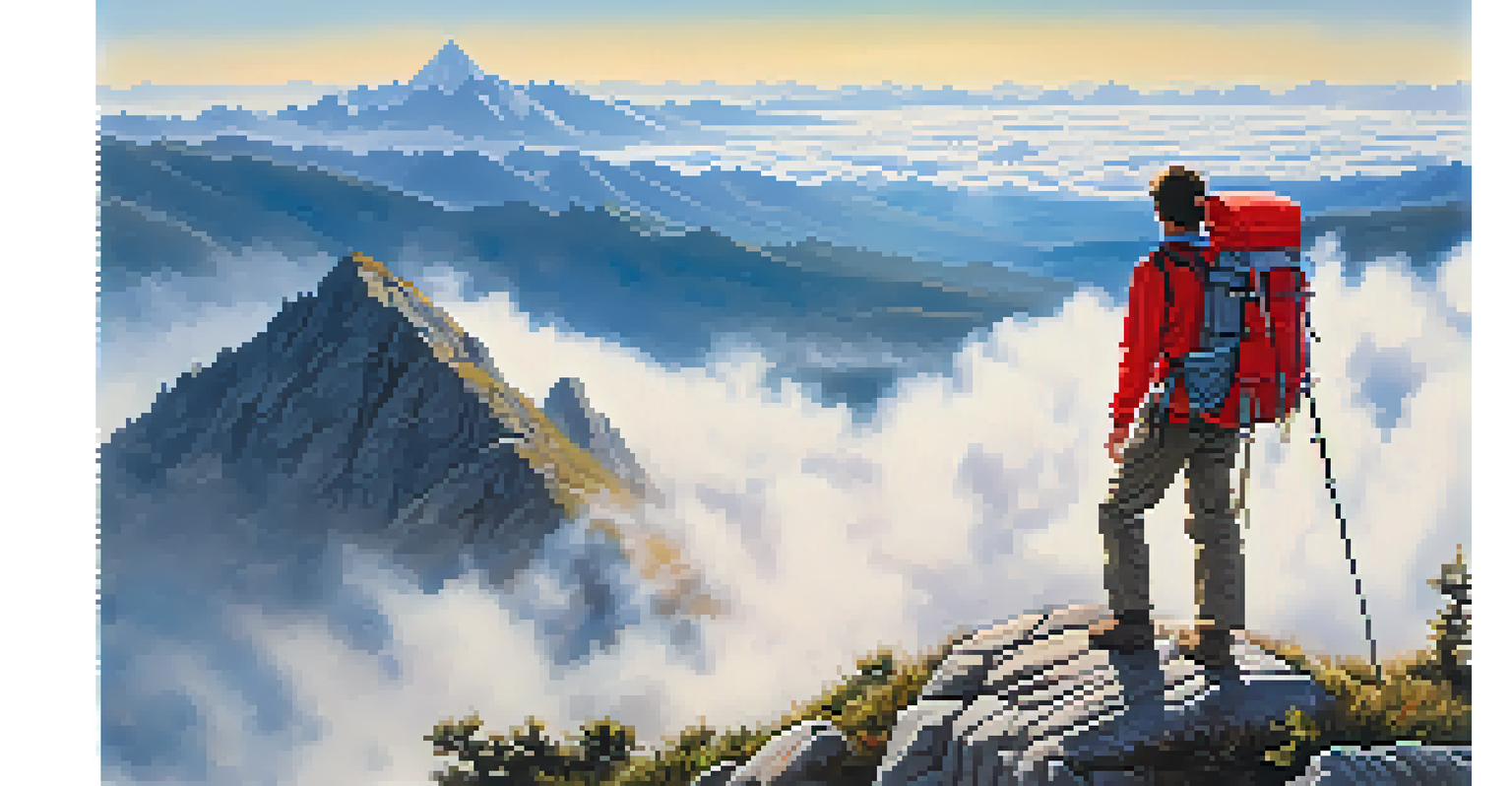 A hiker on a mountain peak, gazing at a misty valley below with a bright blue sky and white clouds.