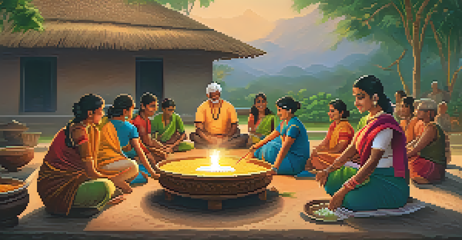 Families celebrating Pongal around an outdoor hearth cooking rice pudding, with traditional pots and colorful designs on the ground.