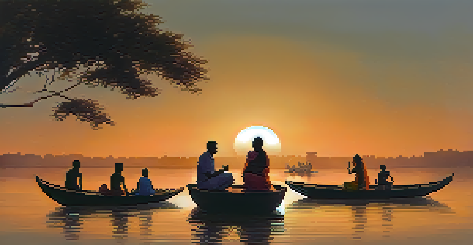 A family participating in a prayer ceremony at the Ganges during sunset, with floating lamps and ancient temples in the background.