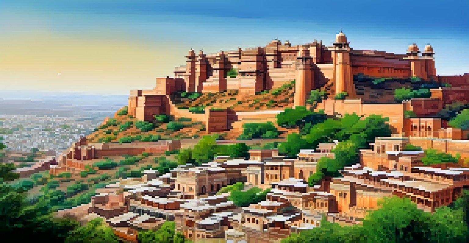A panoramic view of Mehrangarh Fort in Jodhpur, showcasing its majestic architecture and surrounding lush landscapes.