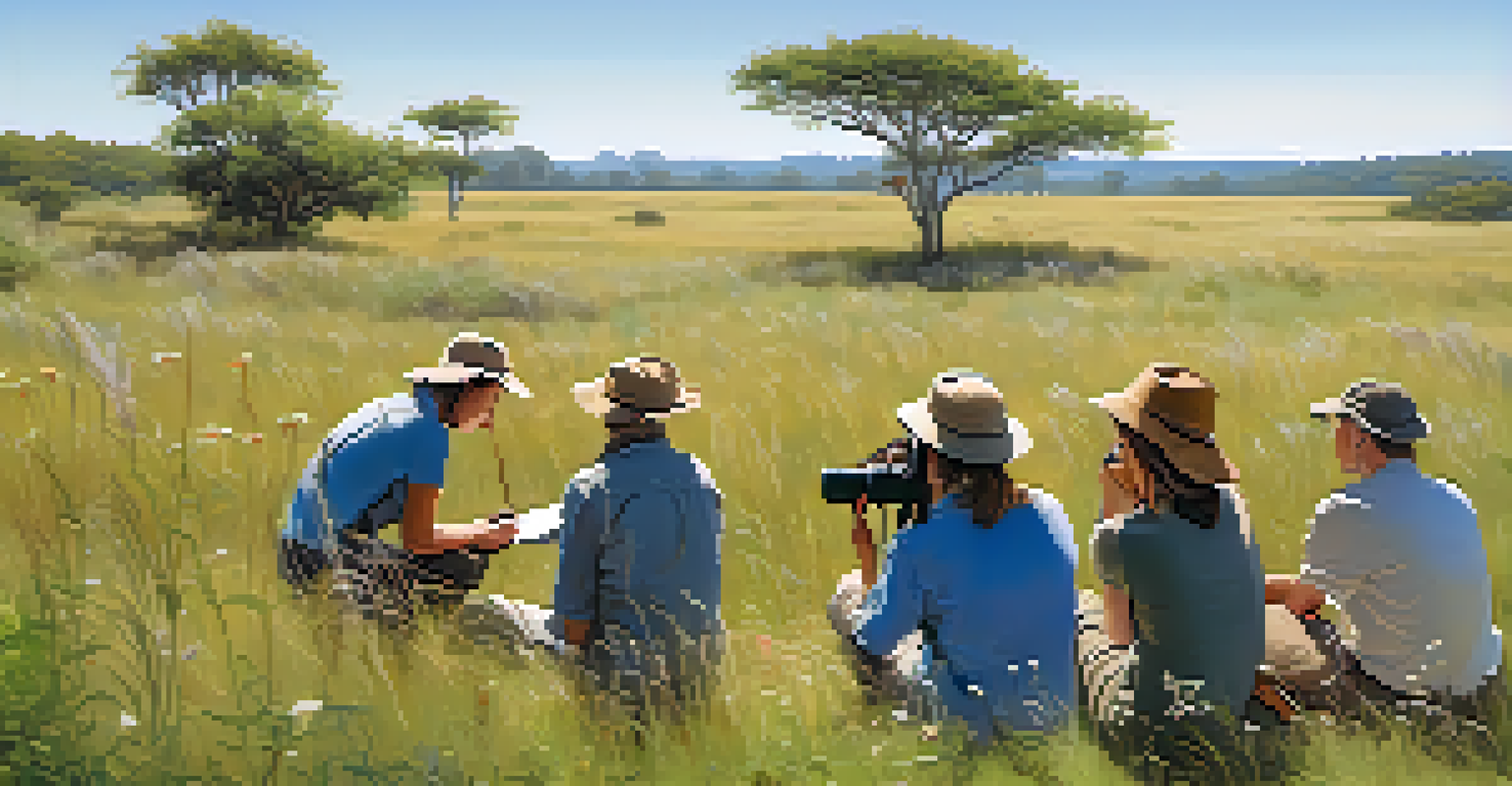 A group of ecotourists participating in a wildlife survey in a natural setting with a guide.