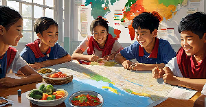 A diverse group of students in a classroom sharing traditional foods from different cultures, surrounded by international flags and a world map.