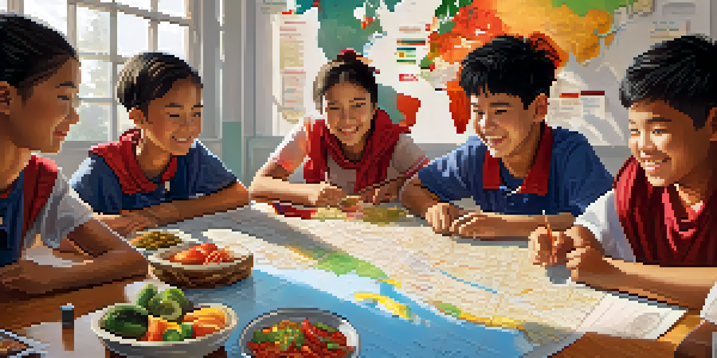 A diverse group of students in a classroom sharing traditional foods from different cultures, surrounded by international flags and a world map.