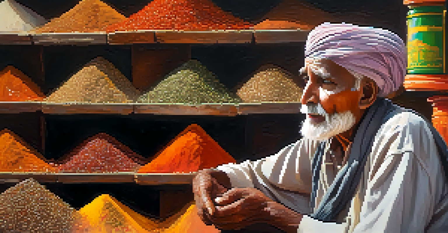 An elderly spice vendor in Jaipur's market, showcasing colorful spices and the textures of his weathered face in soft light.
