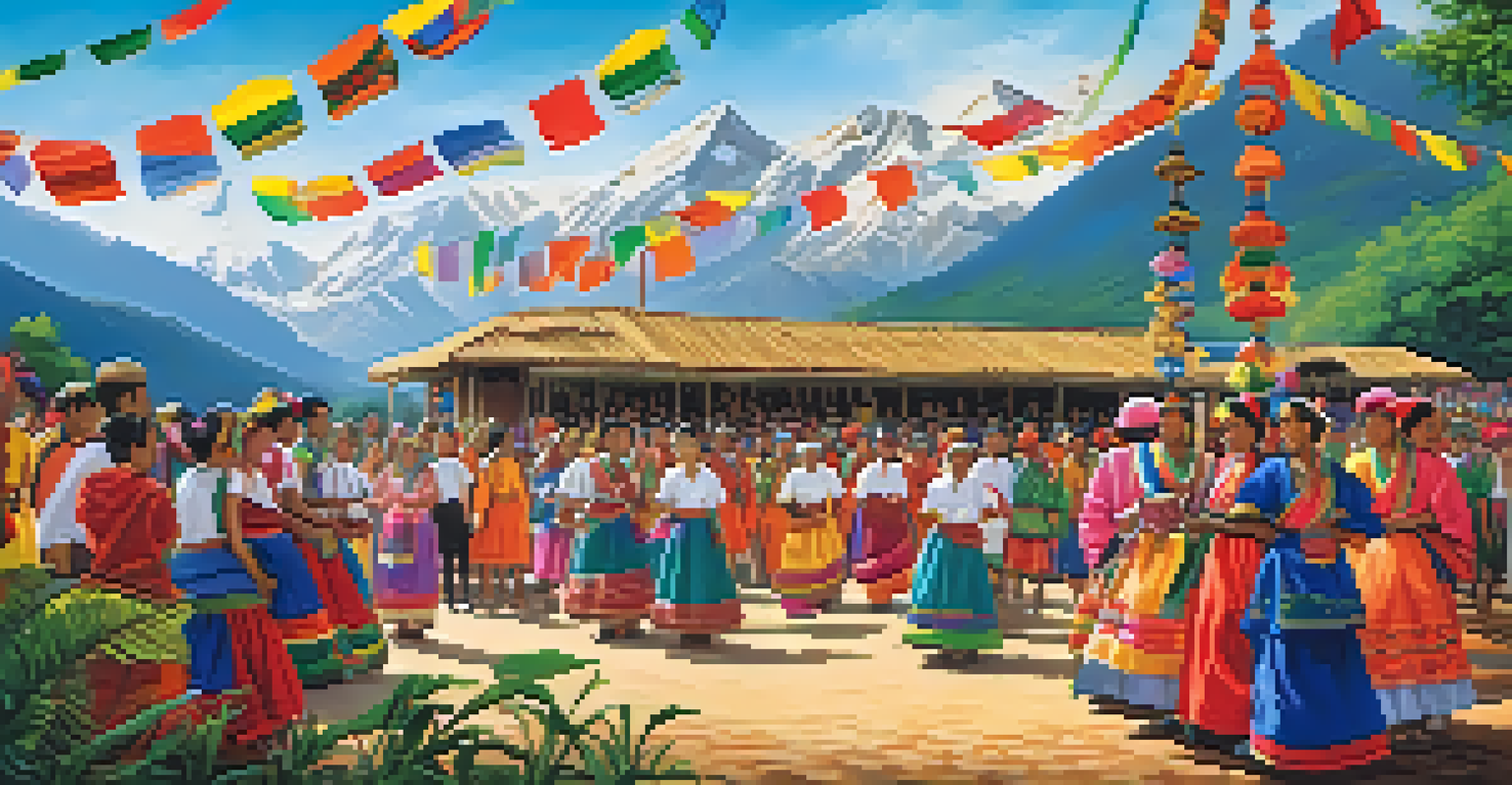 Travelers enjoying a vibrant community festival, surrounded by colorful decorations and local dancers, set against a beautiful natural landscape.
